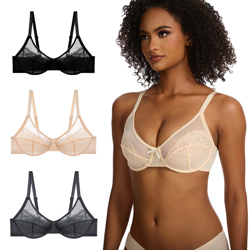 French-style lace bra, ultra-thin mesh gathering underwear