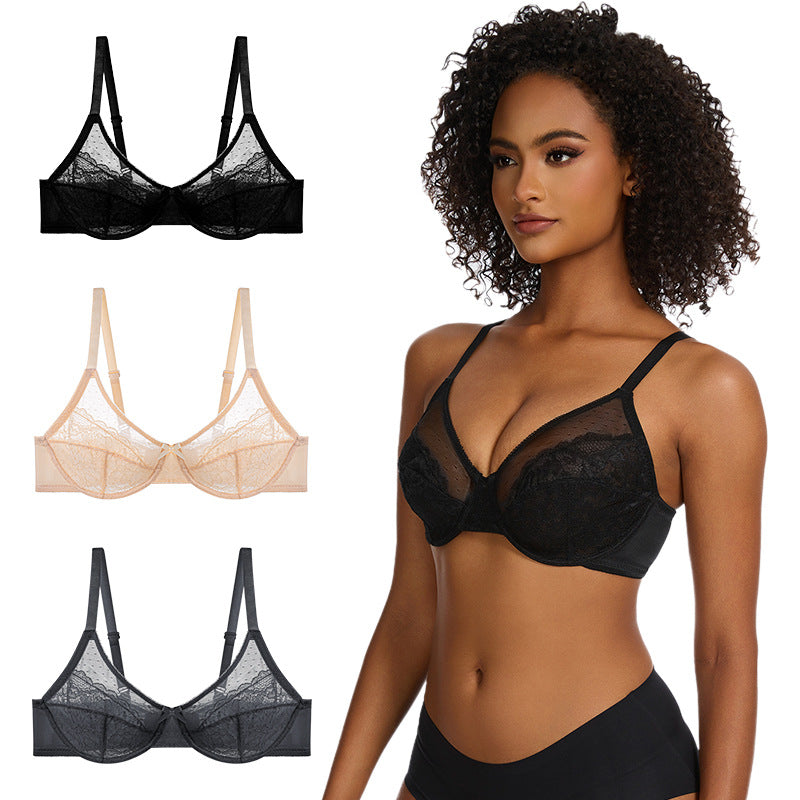 French-style lace bra, ultra-thin mesh gathering underwear