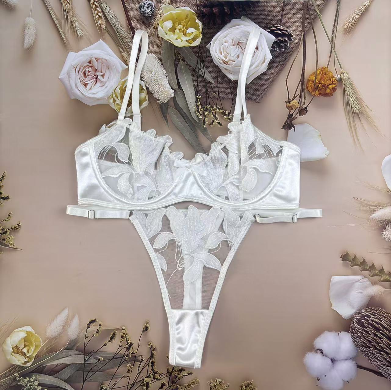 Embroidered Floral Lingerie Set Bra and Thong