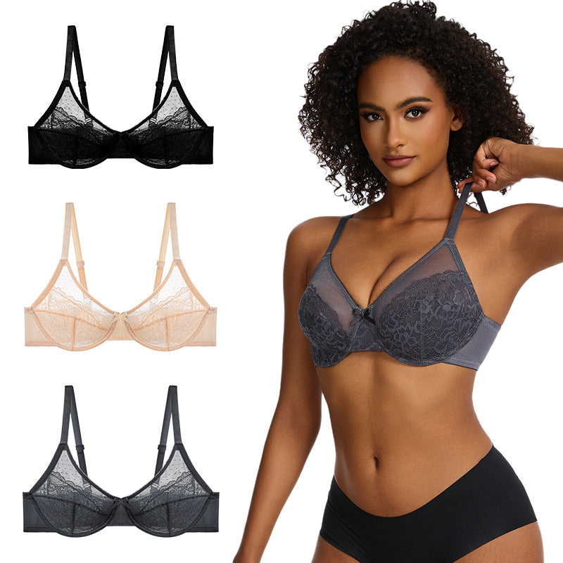French-style lace bra, ultra-thin mesh gathering underwear